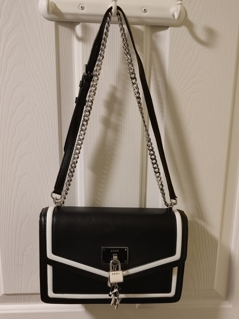DKNY Black and White Leather Crossbody Bag with Silver Chain